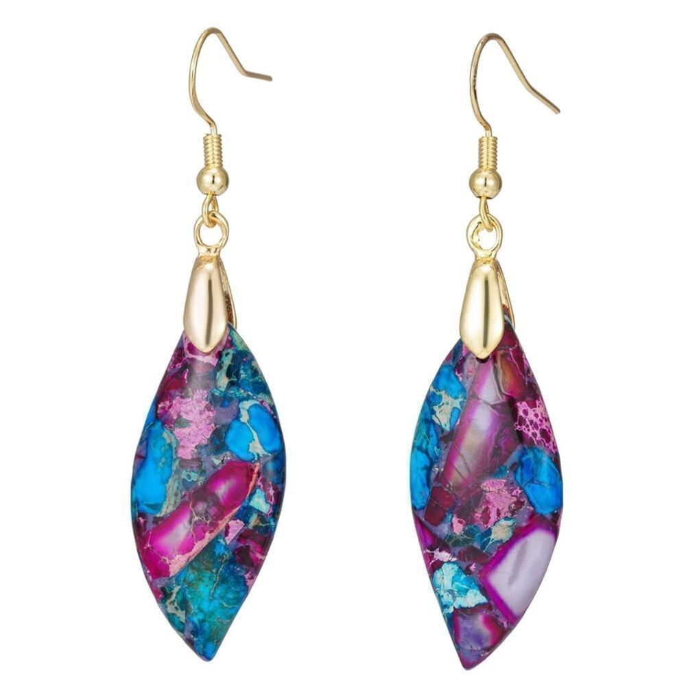 18K Yellow Gold with Natural Imperial Blue Purple Jasper Stone Hook Earrings